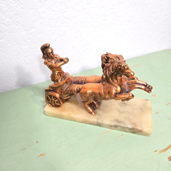 Other - Roman Greek Soldier Warrior 2 Horse Chariot Copper Bronze Plate Marble Base